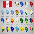 Twenty five flags the Provinces of Peru - alphabetical order with name. Set of 3d geolocation signs like flags Departments of P